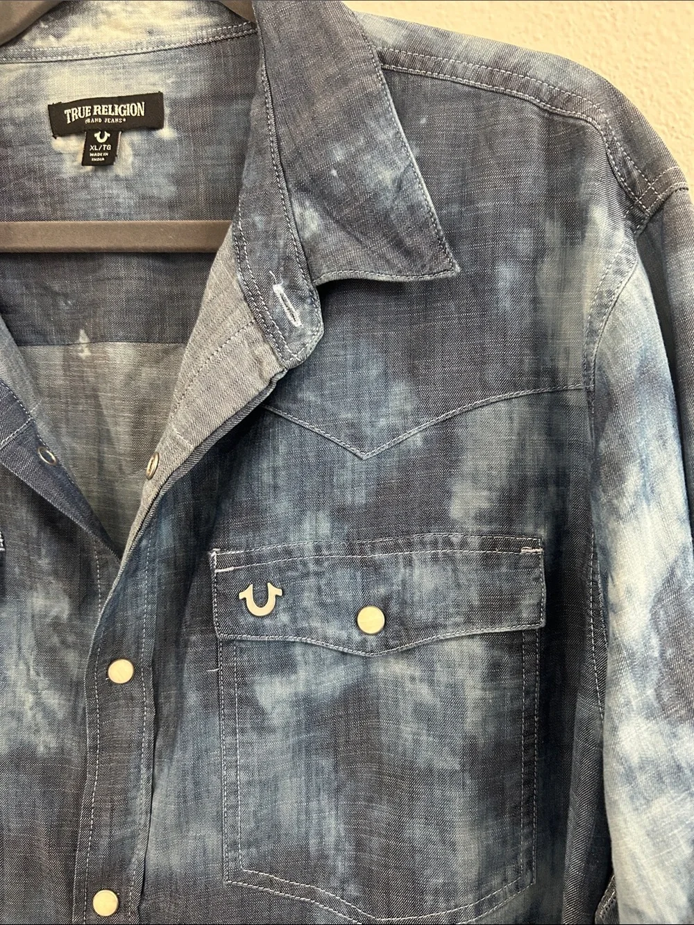 True religion, bleached, indigo western shirt, blue white size extra large